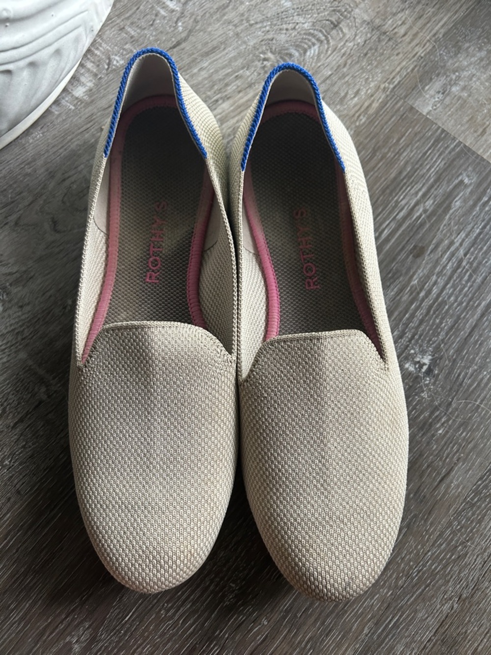 Rothy's Beige Knit Slip-On Flats with Pink Lining and Blue Heel Trim